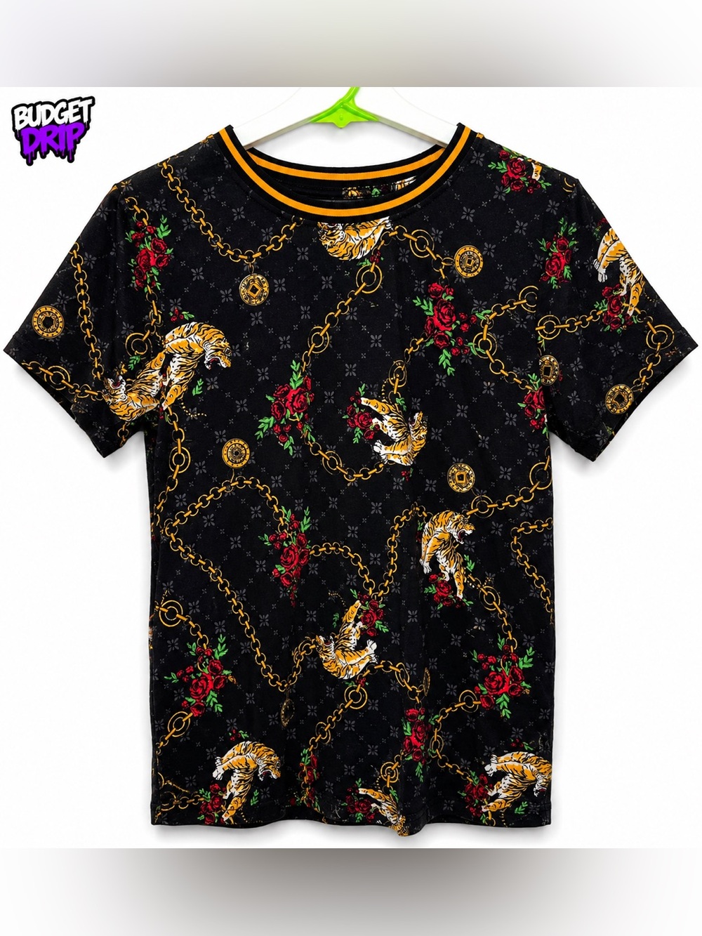 fresh Black Tee with Gold Chain, Red Rose & Green Accents